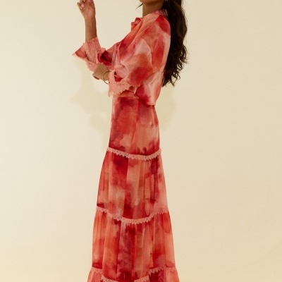 Saia comprida tye dye com franzidos e renda Scripta