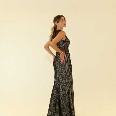 Vestido comprido estampado com tule Scripta