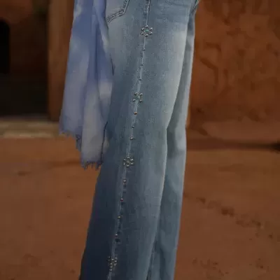 Jeans Wide Leg com Aplicações Laterais SPACCIO