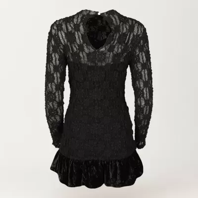 Vestido Curto em Renda com Saia de Veludo Plissado Sahoco