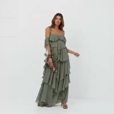 Vestido comprido com folhos Swallow