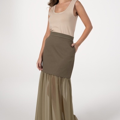 Saia midi com combinação de tecidos Ana Sousa