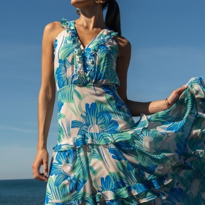 Vestido estampado com aplicação de folhos Ferrache