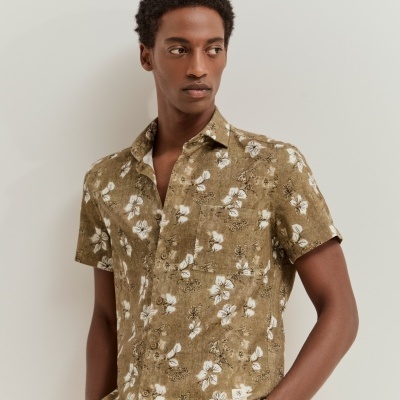 Camisa slim fit de manga curta em linho e algodão Lion of Porches