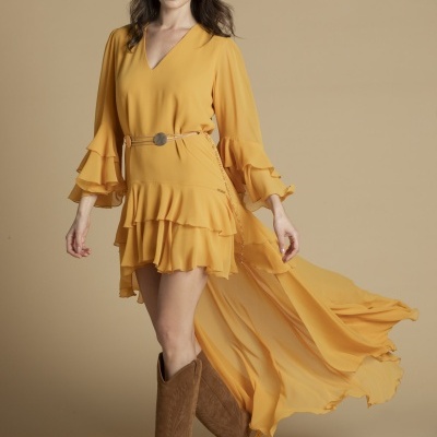 Vestido assimétrico com folhos Sahoco