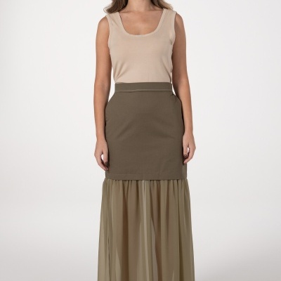 Saia midi com combinação de tecidos Ana Sousa