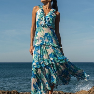 Vestido estampado com aplicação de folhos Ferrache