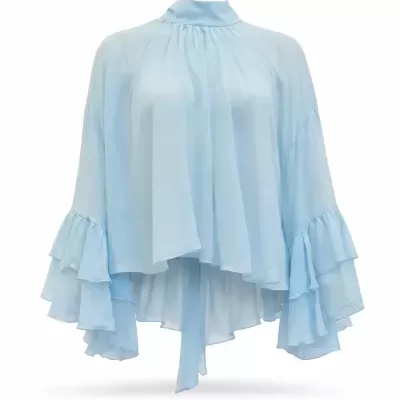 Blusa Fluida com Gola Subida e Folhos Sahoco