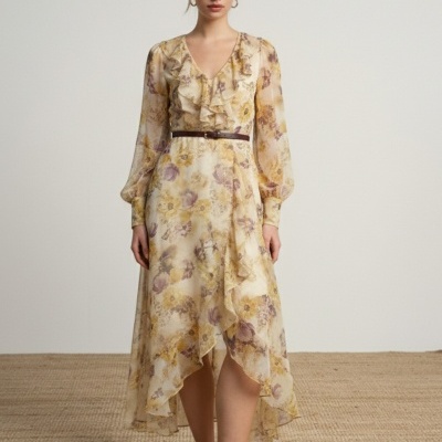 Vestido comprido com flores e cinto SMF