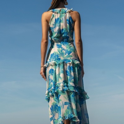 Vestido estampado com aplicação de folhos Ferrache