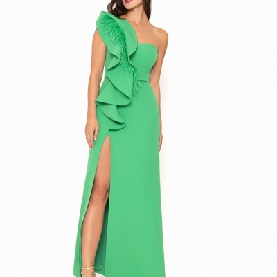 Vestido longo assimétrico com plumas Moncho Heredia