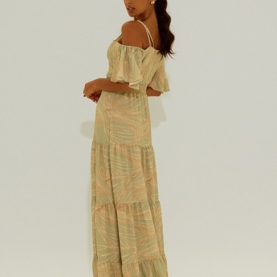 Vestido comprido estampado com elástico na cinta Scripta