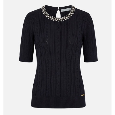 Camisola de malha perfurada com missangas na gola Scripta