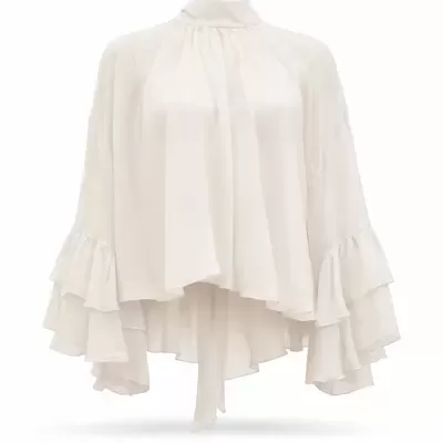 Blusa Fluida com Gola Subida e Folhos Sahoco