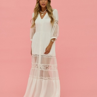 Vestido comprido com detalhes em renda Scripta