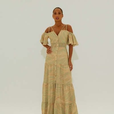 Vestido comprido estampado com elástico na cinta Scripta