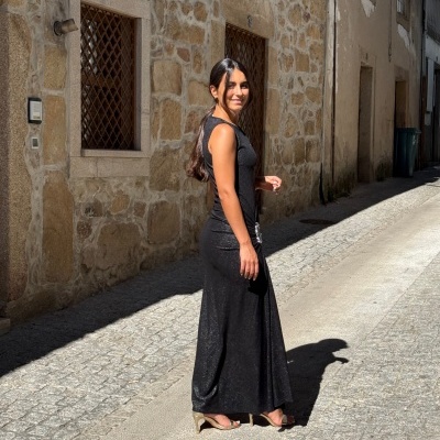 Vestido Longo Aplicações Prata Sahoco