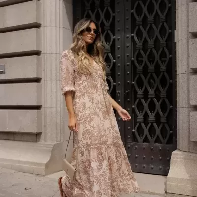 Vestido comprido estampado com folho Scripta