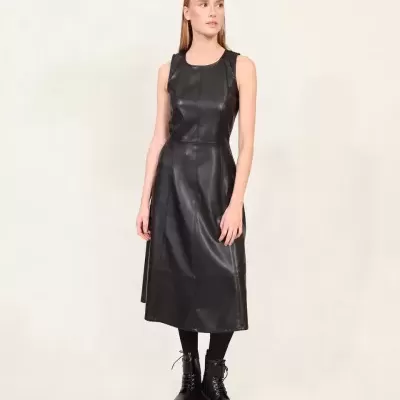 Vestido feminino de couro sintético, comprimento médio Naf Naf