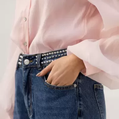 Jeans wide leg cintura c/ tachas SPACCIO