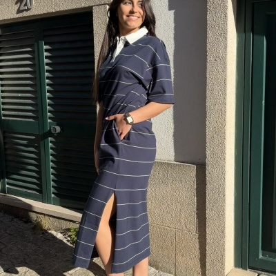 Vestido comprido às riscas com manga curta Lion of Porches