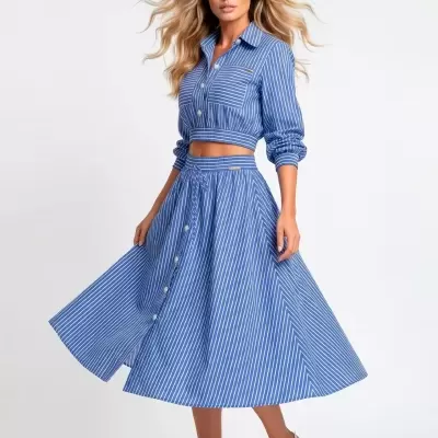 Saia Midi às Riscas com Cintura Franzida Sahoco