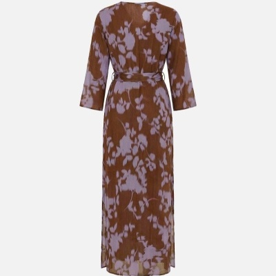 Vestido comprido estampado com cinto e decote V Scripta