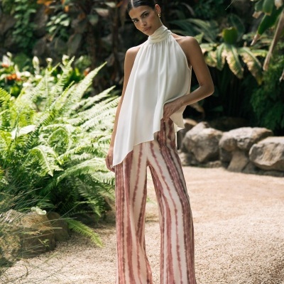Calça Fluida Estampada de Cintura Subida Ferrache