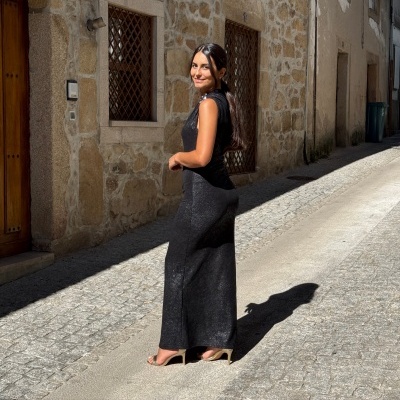 Vestido Longo Aplicações Prata Sahoco