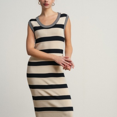 Vestido comprido as riscas asimétrico sem mangas SMF