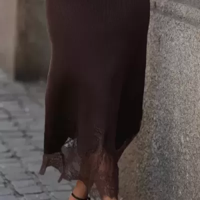 Vestido Midi Canelado com Renda Spaccio