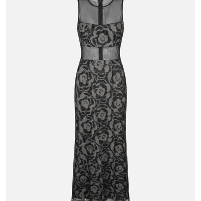 Vestido comprido estampado com tule Scripta