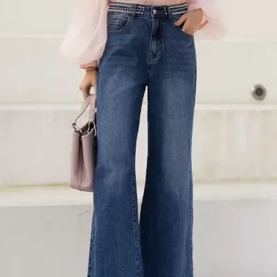 Jeans wide leg cintura c/ tachas SPACCIO