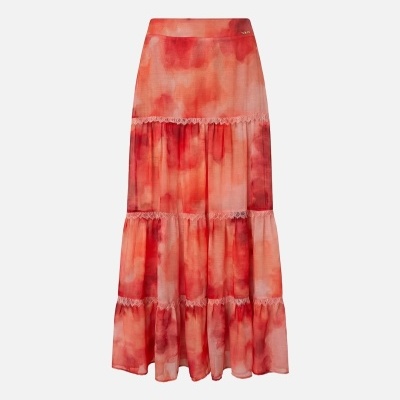 Saia comprida tye dye com franzidos e renda Scripta