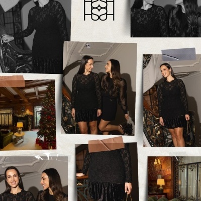 Vestido Curto em Renda com Saia de Veludo Plissado Sahoco