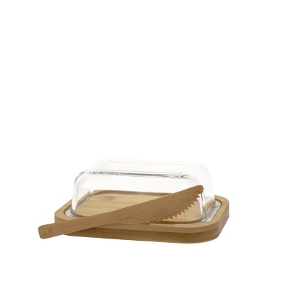 Manteigueira bambu c/ tampa vidro + faca
