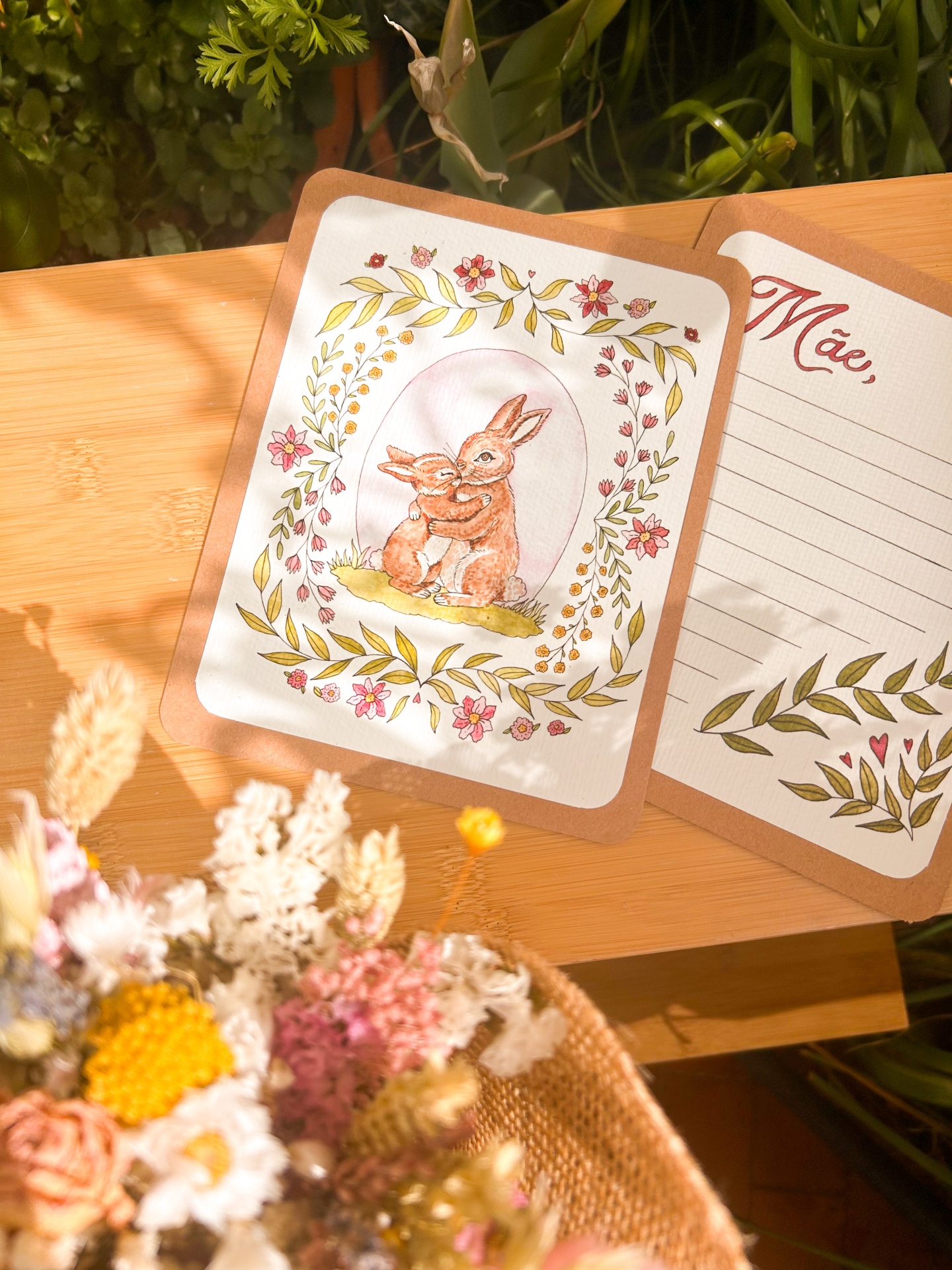 Ramo de Flores Secas e Preservadas com Postal - Dia da Mãe