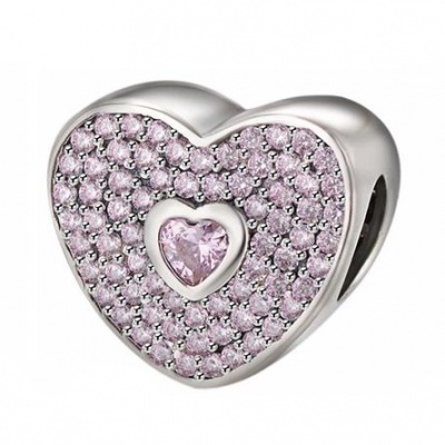 Conta de prata 925 (coração - cristais rosa)