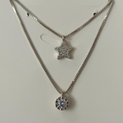 Fio duplo de prata 925 com dois pendentes, estrela + pedra zircão