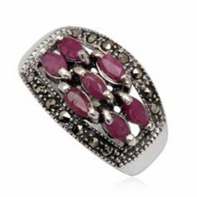 Anel de prata 925 com rubis, esmeraldas, safiras e marcasita