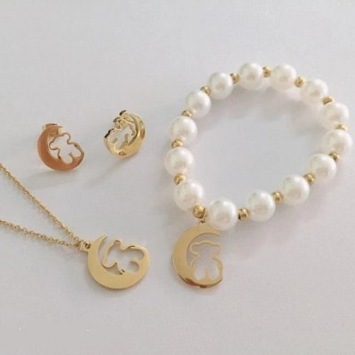 Conj. pingente / pendente + pulseira + brincos de aço inoxidável (lua e urso)