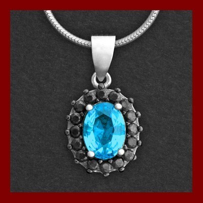 Pendente / Pingente de prata 925 com pedra Zircônia cúbica azul e preta (oval)