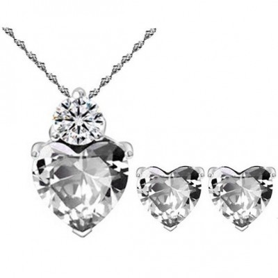 Conjunto brincos e pendente banhado a prata com cristais (coração)