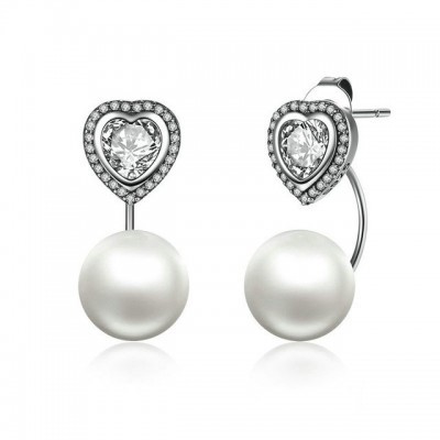 Brincos de prata 925 com pedras zircão e pérola (coração)
