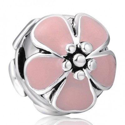 Conta banhada a prata compatível com pandora (flor de cerejeira rosa) - clip