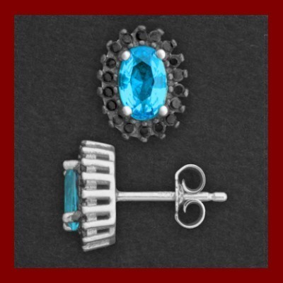 Brincos de prata 925 com pedras zircônia cúbica azul e preta (oval)