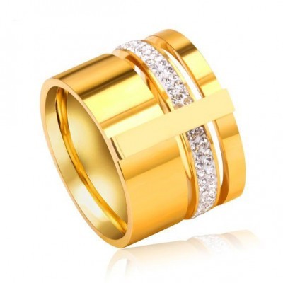 Aliança / anel de aço inoxidável banhada a ouro com pedras zircão