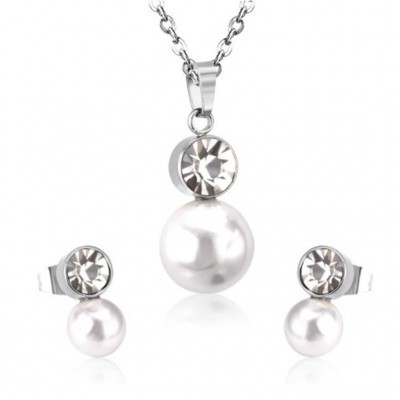 Conjunto pingente / pendente + brincos de aço inoxidável (Pedra zircão e pérola)