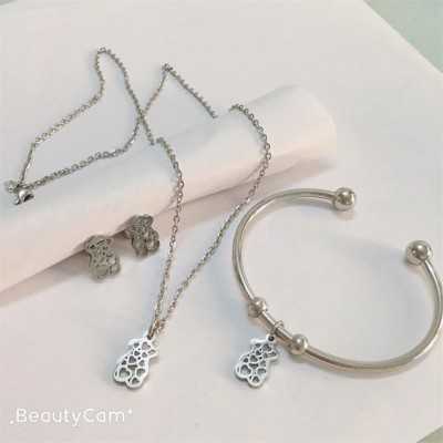 Conj. pingente / pendente + pulseira + brincos de aço inoxidável (urso corações)