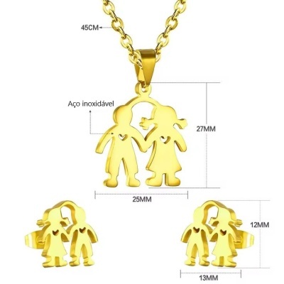 Conjunto pingente / pendente + brincos de aço inoxidável (menino e menina), cor ouro